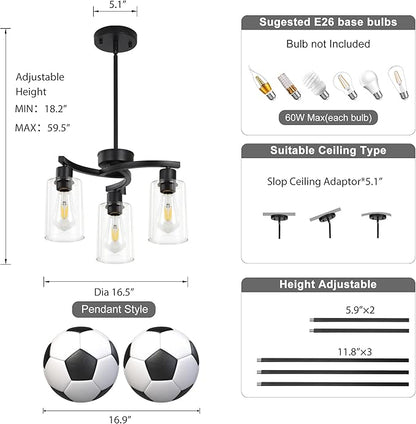 Sigaitwei 3-Light Modern Farmhouse Chandelier for Dining Room Light Fixtures，16.5" Black Kitchen Island Pendant Lighting, Adjustable Hanging Light for Dining Room with Clear Glass Shades