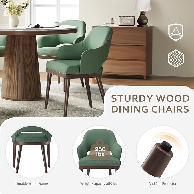 MALOL Wooden Dining Chairs Set of 2, Modern Fabric Upholstered Dining Room Chair, Kitchen Side Chairs, Farmhouse Dinner Chair with Open Back for Kitchen, Green