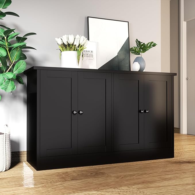holzart Black Buffet Cabinet with Storage, 49" Modern Kitchen Sideboard with 4 Doors & Adjustable Shelves, Wood Coffee Bar Cabinet Console Table for Dining Room, Living Room, Entryway