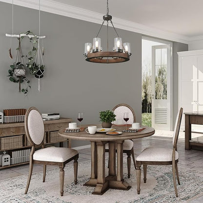 LNC Farmhouse Chandelier, Wood Round Wagon Wheel 6-Light Fixture with Seeded Glass Shades for Dining & Living Room, Bedroom, Kitchen and Foyer