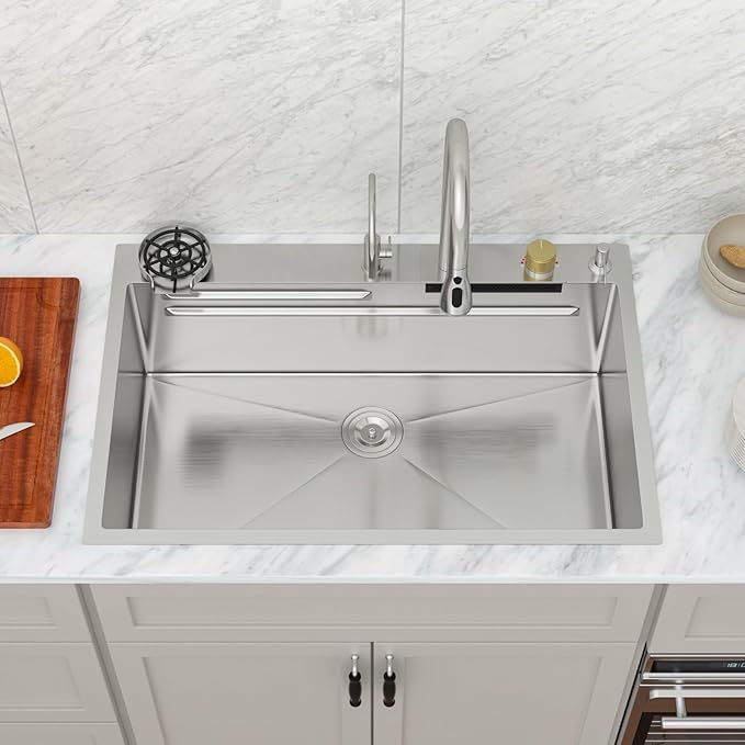 Logmey 33x22 Waterfall Kitchen Sink with faucet Combo Cup Washer Workstation Luxury Sinks 33 Inch Drop In Kitchen Sink Stainless Steel 16 Gauge Single Bowl Topmount Sinks 33x22x9
