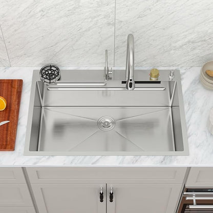 Logmey 33x22 Waterfall Kitchen Sink with faucet Combo Cup Washer Workstation Luxury Sinks 33 Inch Drop In Kitchen Sink Stainless Steel 16 Gauge Single Bowl Topmount Sinks 33x22x9