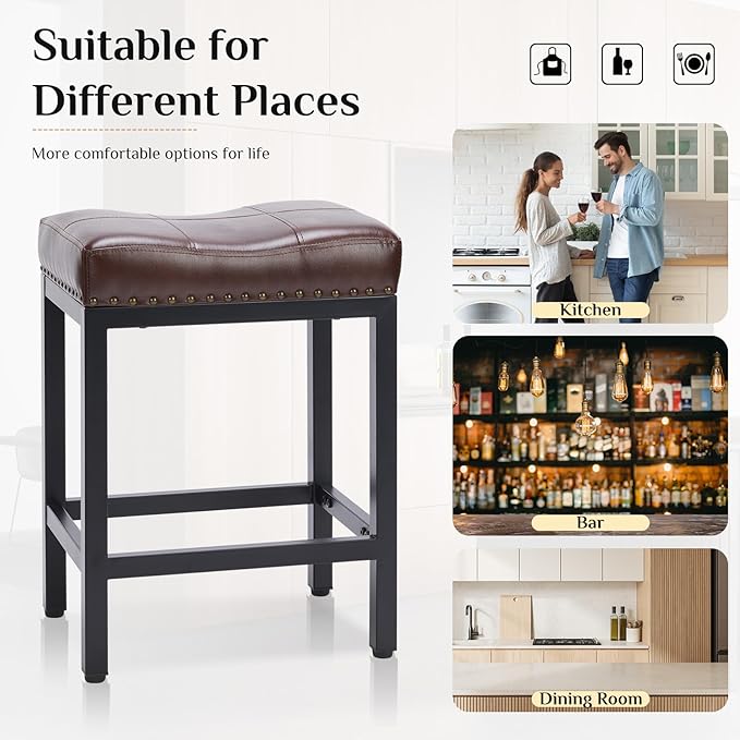 Sweetcrispy Bar Stools Set of 2, 24 Inch Counter Height Stools, PU Leather Upholstered Bar Chairs with Footrest, Modern Bar Stools for Kitchen Island, Dining, Living Room, Brown