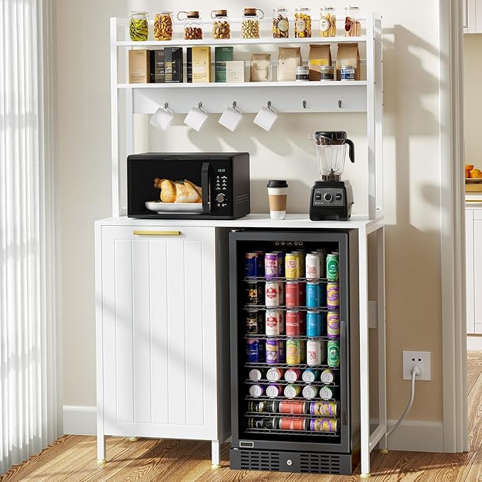 YITAHOME 4-Tier Kitchen Pantry Cabinet with Mini Fridge Space, Trash Can Storage & Power Outlet, Freestanding Storage Organizer for Microwave, Coffee Bar & Dining Room, White