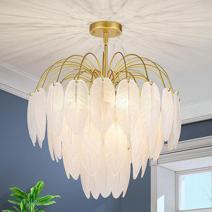 LumFurn 8-Light Gold Chandeliers, 4-Tier Modern Pendant Light Fixture for Dining Room, Living Room, D21 x H24~54" Adjustable Height, Frosted Feather-Shaped Glass Shade & Brass Finish Frame