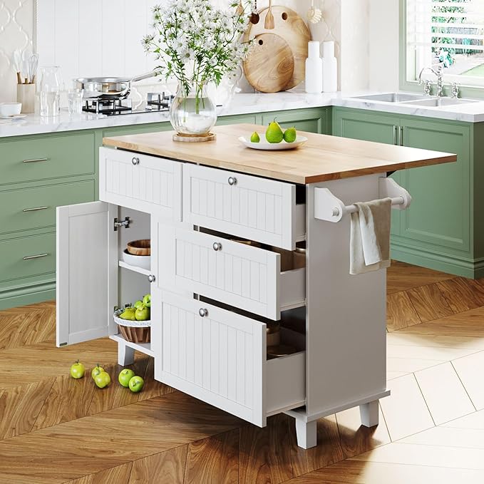 Farmhouse Kitchen Island Set with Drop Leaf and 2 Seatings Solid Wood White Design Dining Room, Versatile