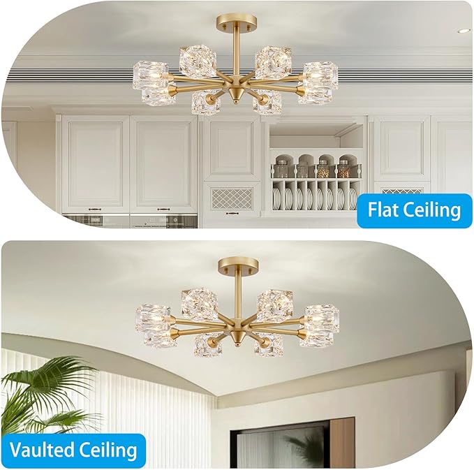 XINGQI Semi Flush Mount Ceiling Light Fixture Modern Sputnik Chandeliers 8 Lights Gold Chandelier, Fashion Lighting for Bedroom Dining Room Farmhouse Kitchen Office