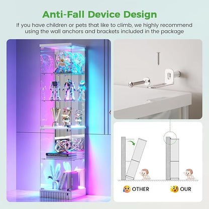 HNEBC 6-Tier Shelf with Glass Door, LED Display Case with RGB Lights& Motion Sensor, Lockable Curio Cabinet for Collectibles,Bookcase,China Cabinet-White