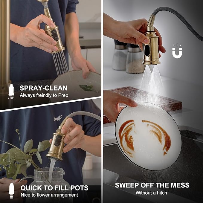Lava Odoro Curtura Champagne Gold Kitchen Faucet with Pull Down Sprayer, Single Handle Kitchen Sink Faucet with 3-Function Magnetic Sprayer for Sink 1 or 3 Hole, 1.8 GPM, KF421-CB-M