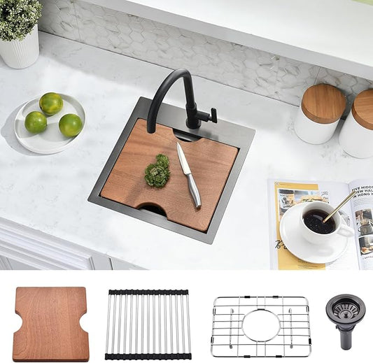 15x15 Black Bar Sink Drop In - 16 Gauge Black Stainless Steel Small Kitchen Sink, 9" Deep Single Bowl Workstation Sinks with Accessories for RV, Outdoor Kitchen & Wet Bar