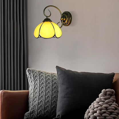 8" Vintage Stained Glass Wall Sconce Yellow Bending Shade Simple Wall Mounted Lamps for Bedroom Over Bed Hardwired Bathroom Lights Over Mirror Fixture with Plug Cord Switch Flower Design