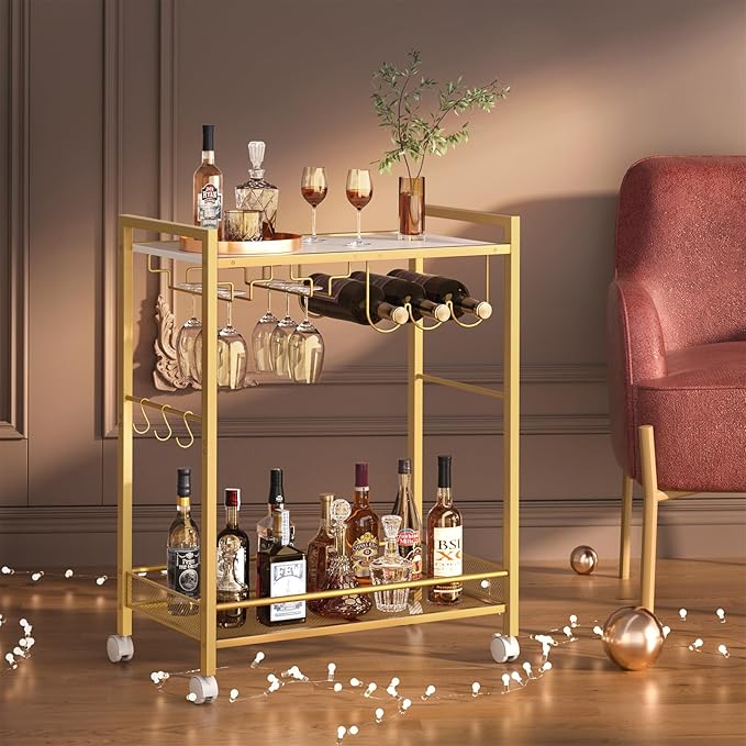 Joaxswe Bar Cart, Home Bar Serving Cart with 2-Tier Shelf,Rolling Beverage Cart with Wheels,Mobile Kitchen Shelf,Modern Wine Drink Cart with Wine Rack and Glass Holder for Kitchen,Dinning Room,Gold