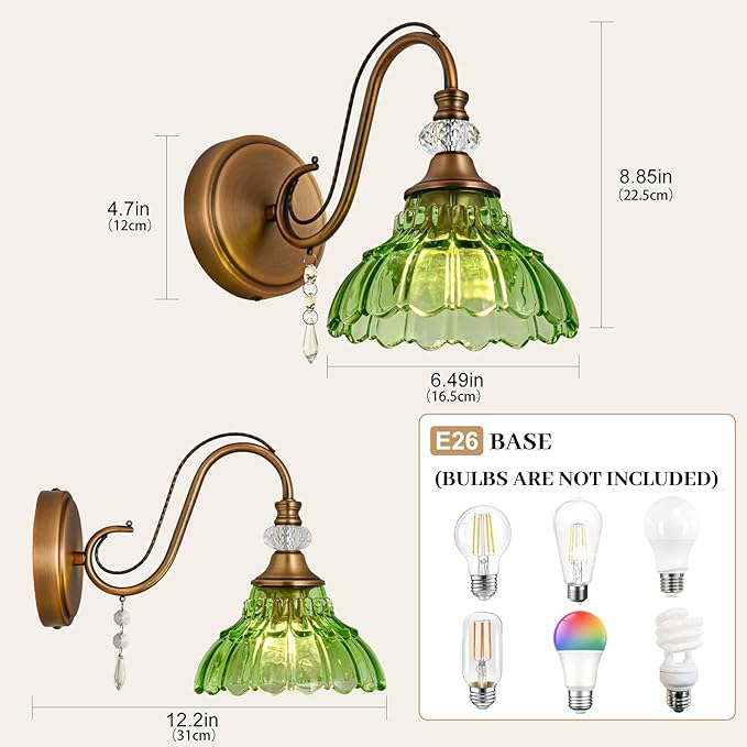 1 Piece Vintage Wall Sconce, 1-Light Matte Antique Brass Finish Wall Sconce with Hanging Crystal Accents and Flower-Shaped Green Shades for Bathroom Bedroom Living Room,Vintage Vanity Light
