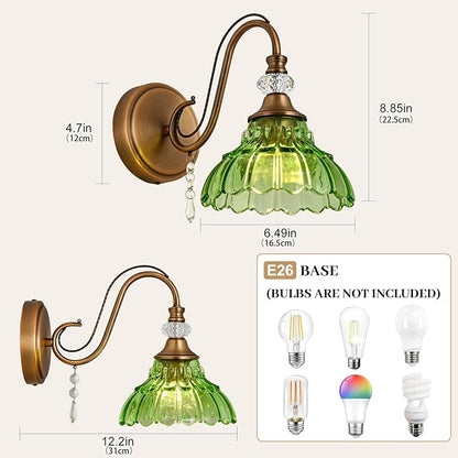 1 Piece Vintage Wall Sconce, 1-Light Matte Antique Brass Finish Wall Sconce with Hanging Crystal Accents and Flower-Shaped Green Shades for Bathroom Bedroom Living Room,Vintage Vanity Light