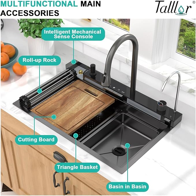 Smart Waterfall Kitchen Sink 30 Inch, Gunmetal Black Drop In 16 Gauge Stainless Steel Single Bowl Workstation Sink with Pull-Down Faucet, Cup Washer & Multi-Function Spray#TLWF-0004