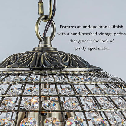 ALOADECOR 3-Light 16" Retro Antique Gold Crystal Globe Chandelier Sphere Cage-Style Shade Pendant Light for Kitchen Isl and Dining Room