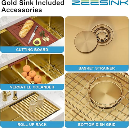 Double Bowl Kitchen Sink 30" X 18",Gold Kitchen Sink Undermount,16 Gauge Stainless Steel Double Bowl Sinks with Workstation