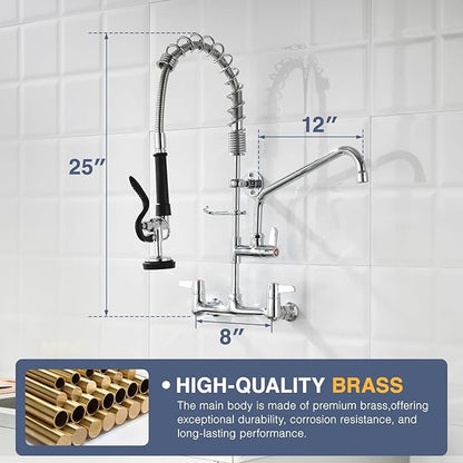 CENOSA Commercial Sink Faucet Wall Mount with Pre-Rinse Sprayer – 8 Inch Center Wall Mount Sink Faucet, 25" Height, 12" Swing Spout, Pull Down Sprayer for Industrial & Restaurant Sinks