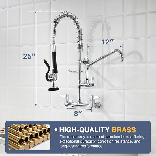 CENOSA Commercial Sink Faucet Wall Mount with Pre-Rinse Sprayer – 8 Inch Center Wall Mount Sink Faucet, 25" Height, 12" Swing Spout, Pull Down Sprayer for Industrial & Restaurant Sinks