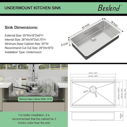 30 Inch Undermount Kitchen Sink - Beslend ADA 6 Inch Depth 30x18 Undermount Worksation Sinks Under Counter Stainless Steel 16 Gauge Mobility Friendly Sink for Wheelchair Accessible Kitchen
