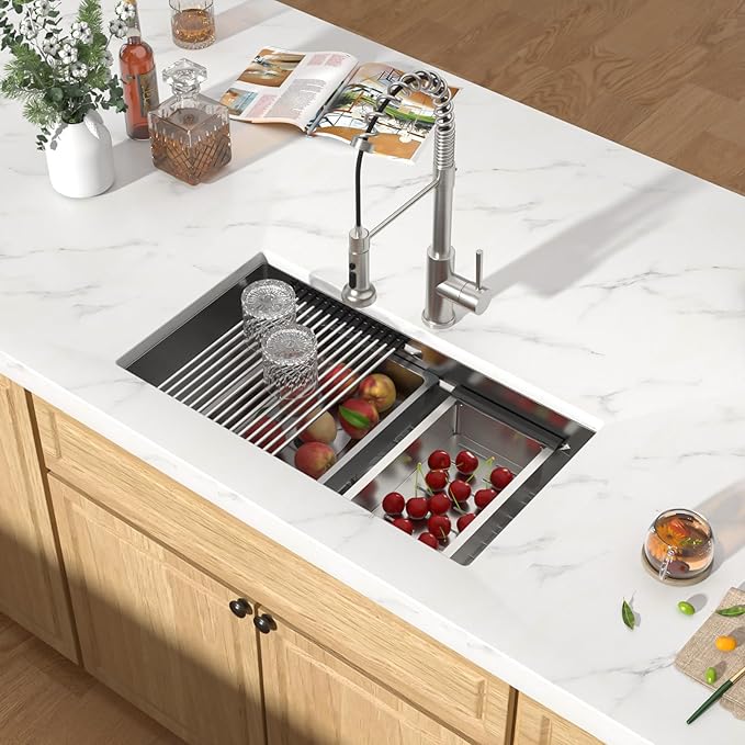 30 Inch Undermount Kitchen Sink, 16 Gauge 304 Stainless Steel Single Bowl Workstation Sink with Cutting Board, Colander, Wash Basin, Drying Rack & Bottom Grid #TLU-0030