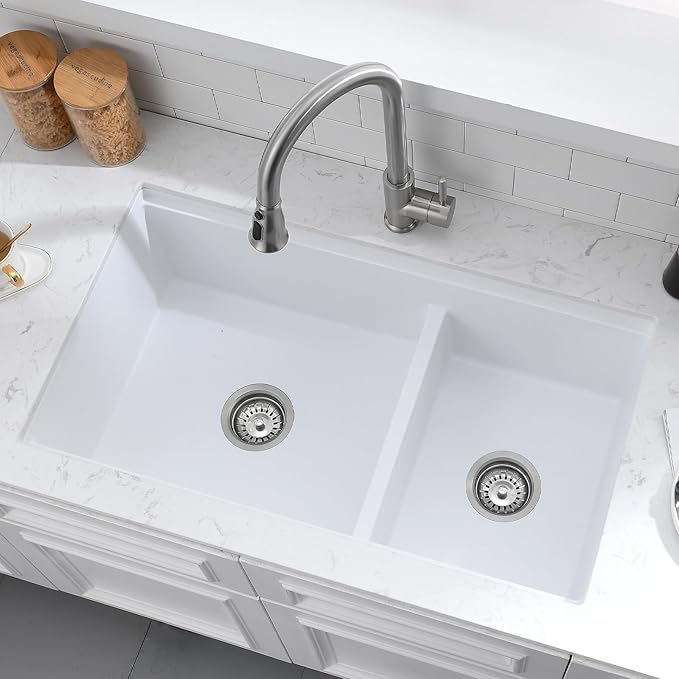 33x19 White Double Bowl Kitchen Sink Undermount - 33 Inch White Undermount Granite Kitchen Sink, Double Bowl Granite Sink Workstation with Accessories