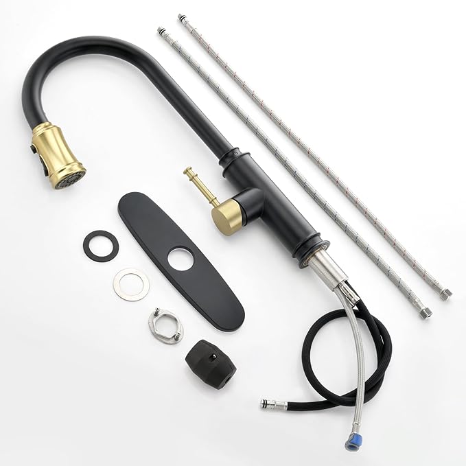 SUMERAIN Kitchen Faucet with Pull Down Sprayer and 10" Deck Plate, Black&Gold Commercial Stainless Steel Single Handle