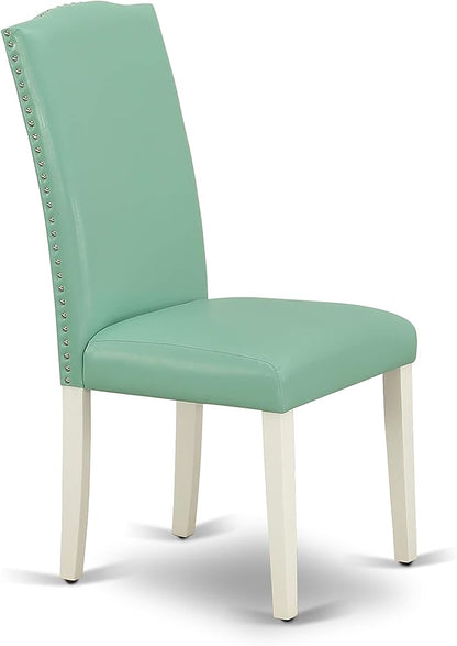 East West Furniture ENP2T57 Encinal Parson Kitchen Chairs - Nailhead Trim Pond Faux Leather Padded Dining Chairs, Set of 2, Linen White