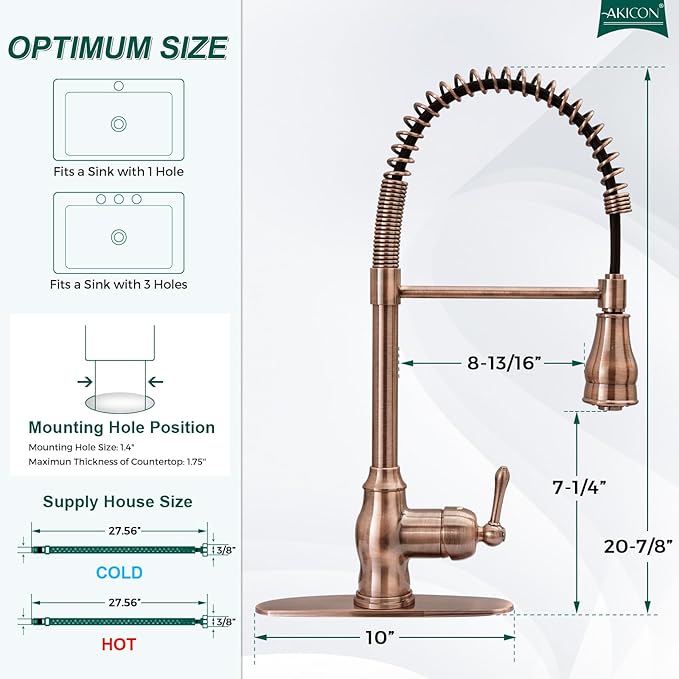 Akicon Antique Copper Pre-Rinse Spring Kitchen Faucet, Single Level Solid Brass Kitchen Sink Faucets with Pull Down Sprayer