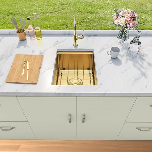 Kitsitchen Gold Bar Sink Undermount, 16 Guage Stainless Steel Workstation Sinks with Accessories, 15" x 17" Small Kitchen Sink for RV,Outdoor, Wetbar,Pre-Bar