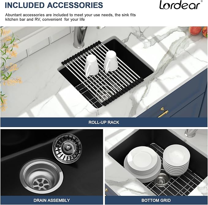 Lordear 18 Inch Black Undermount Bar Sink Granite Composite Quartz Single Bowl RV Camper Outdoor Under Counter Kitchen Sinks Basin