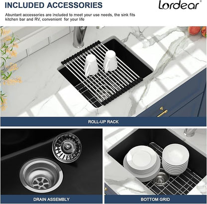 Lordear 18 Inch Black Undermount Bar Sink Granite Composite Quartz Single Bowl RV Camper Outdoor Under Counter Kitchen Sinks Basin