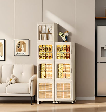 3-Tier Narrow Bathroom Storage Cabinet with Clear Doors and Adjustable Shelves, Plastic Slim Bathroom Organizers and Storage Small Spaces Pantry Kitchen Laundry Room Quick Assembly, Beige