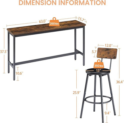 Long Bar Table Set with 3 PU Upholstered Stools, Industrial Bar Table and Chairs for Kitchen Breakfast Table, Living Room, Banquet Hall, Rustic Brown and Black, 63″L x15.7"W x 37.5"H (Rustic Brown)