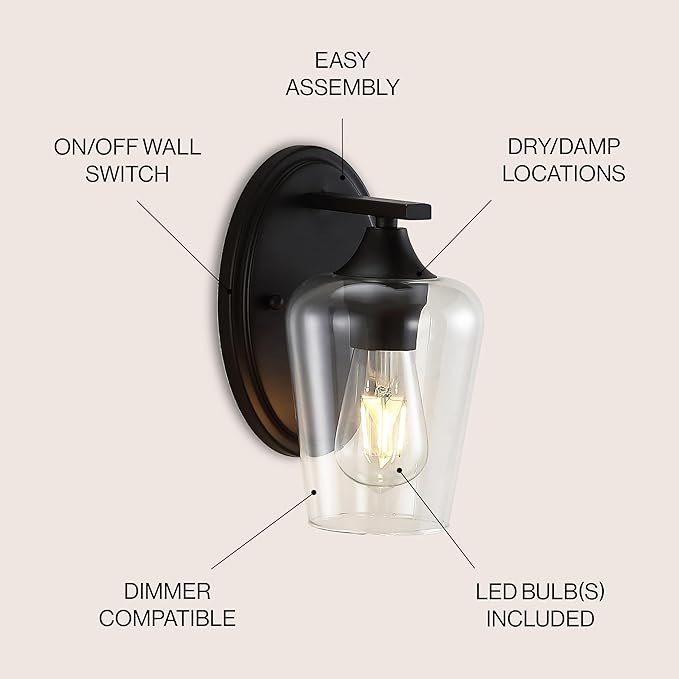 JONATHAN Y 10" Oil Rubbed Bronze 1-Light Farmhouse Rustic LED Vanity Light Sconce, Clear Glass Shade, Vintage Indoor Fixture for Bathroom Mirror, LED Bulb Included JYL7545A