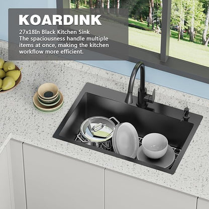 Black Kitchen Sink, 27x18 Inch Stainless Steel Drop In Modern Single Bowl Topmount Kitchen And Bar Sink Combo-SS Grid,Spoon Rest,Drain Strainer Set Compatibility With Various Kitchen&Bar Style