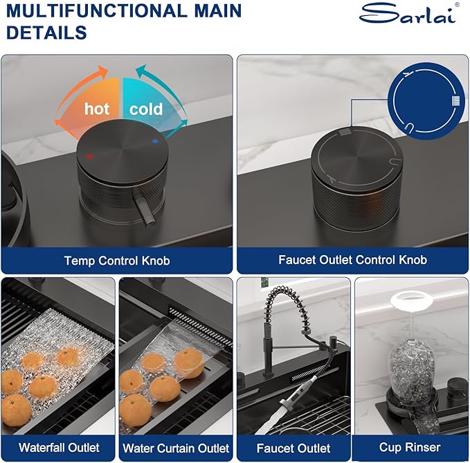 Sarlai Black Waterfall Drop Kitchen Sink 33 Inch Drop In Workstation Kitchen Sink Topmount 16 Gauge Stainless Steel 33x22 Inch Single Bowl Multifuction Workstation Top Mount Sinks with Double Knob