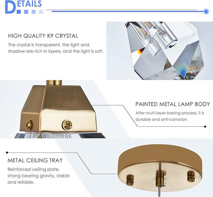 Diamond Crystal Pendant Light, 2 Pack Mini Ceiling Hanging Light in Gold Brushed Brass Finish Prism Crystal Color Changing Led Hanging Light for Kitchen Island Bathroom Bedroom Bar