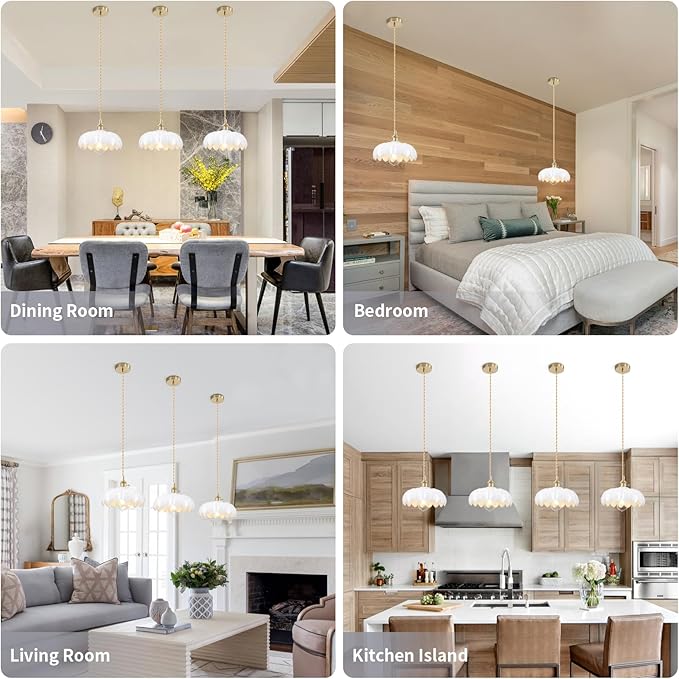 Mid Century Modern Pendant Light Nordic White Chandelier with Hand Blown Flower Glass Shade Brass Adjustable Height Dining Table Pendant Lamp with Switch for Kitchen Island Dining Room Hotel