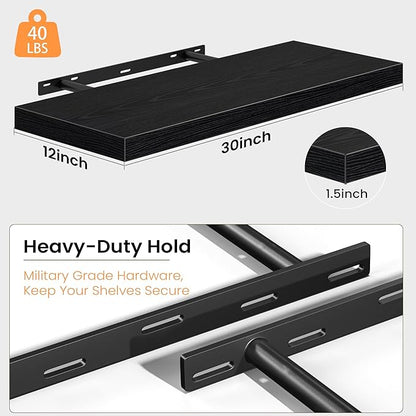 Fun Memories Black Floating Shelves - 2 Pack 30 Inch Long Rustic Wooden Wall Shelves - 12 Inch Deep Wall Mounted Storage Shelf with Invisible Heavy-Duty Brackets for Books, Bathroom, Kitchen