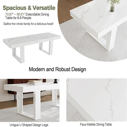 STHOUYN White Marble Extendable Dining Room Table for 8 10, 70.9" (86.6") x 31.5", Rectangle Dinner Table for 6-10, Modern Expandable Retractable Kitchen Table (White)