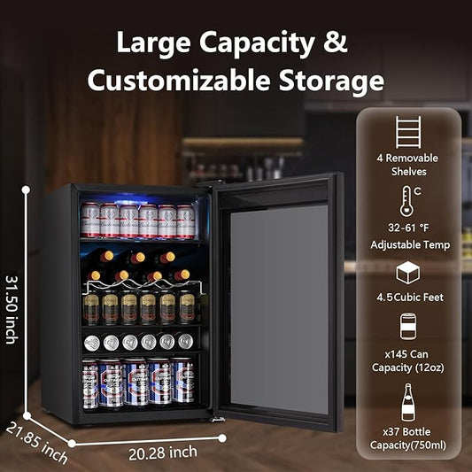 Electactic 37 Bottle Wine Fridge,Freestanding 145 Can Beverage Refrigerator with Smart Temperature Control，4.5 CU FT Quiet Mini Fridge with Child Lock Panel for Family Restaurant Bar, Black