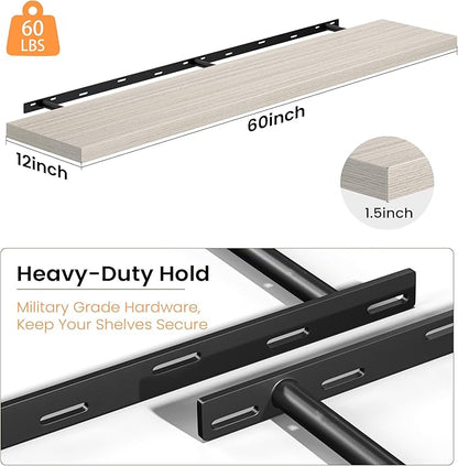 12 Inch Deep Floating Shelves, 60W x 12D Floating Shelf for Books, Rustic Wood Deep Wall Shelves for Home Storage & Display, 1.5" Thicked Shelves for Kitchen, Living Room, Bedroom, Gray, 1 Pack