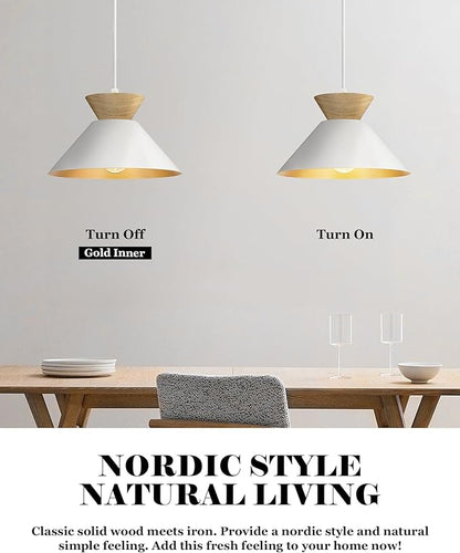 ELYONA Modern Pendant Light Fixtures 10" Solid Wood Hanging Lamp Nordic White Metal & Gold Inner Finish Boho Pendant Light for Farmhouse Kitchen Island Dining Room Bedroom Living Room Hallway