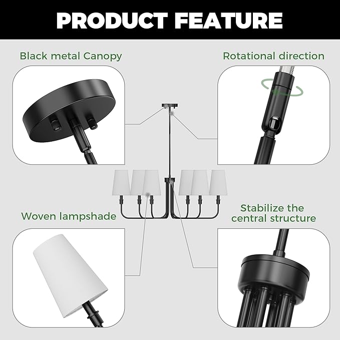 DORESshop 6-Light Chandelier for Dining Room Light Fixture Over Table, 33.86" Modern Matte Black Chandelier with White Linen Shades, Adjustable Hanging Light Fixture for Kitchen Island Foyer Hallway
