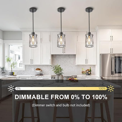 Refice Glass Pendant Lights Kitchen Island, Black Kitchen Hanging Light with Clear Glass, Farmhouse Cage Mini Pendant Lighting for Sink Dining Room Bedroom Bar, 3 Pack