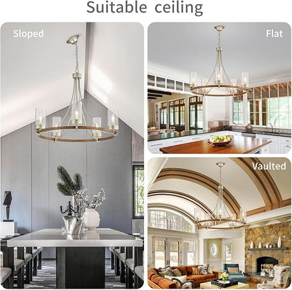 WUZUPS 5-Light Wagon Wheel Chandelier Rustic Farmhouse Industrial Round Pendant Light Fixture with Clear Seeded Glass Shades for Dining Room Kitchen Island, Imitation Wood Grain Nickel