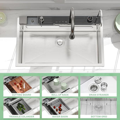 33 Inch Waterfall Kitchen Sink - Beslend 33x19 Drop In Waterfall Sink Stainless Steel Workstation Modern Smart Sinks 16-Gauge Single Bowl with Faucet, Digital Display and Fancy Ambient Light