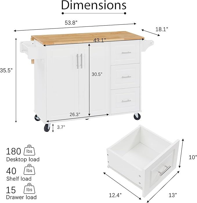 Modern Dining Table Expandable Kitchen Island with Drop Countertop Cabinet Tower Rack Rolling Cart Wheels Wood Console,White