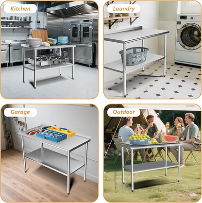 ROVSUN 48'' x 24'' Stainless Steel Table for Prep & Work,Commercial Worktables & Workstations, NSF Heavy Dut Metal Table with Adjustable UnderShelf & Backsplash for Kitchen,Restaurant,Home,Hotel